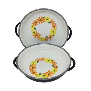 VTG EKCO Country Garden Daisy Porcelain Clad Pans Set of 2 Made in Italy 70s MCM